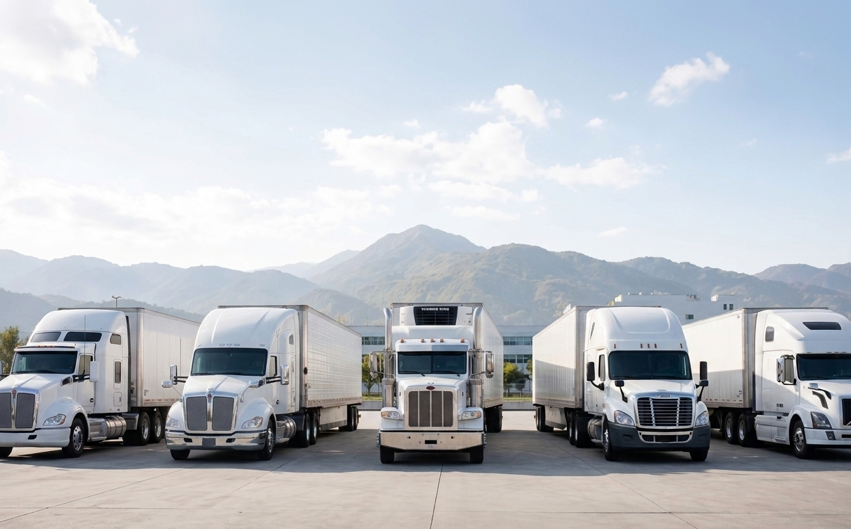 Fleet of white semi-trailer trucks parked in a row with mountains in the distance