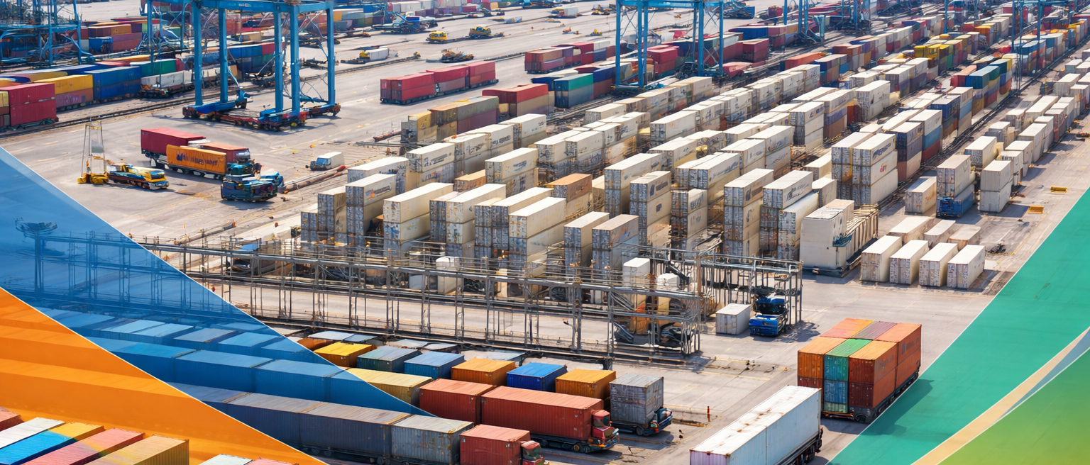 Intermodal terminal with stacked shipping containers and port equipment