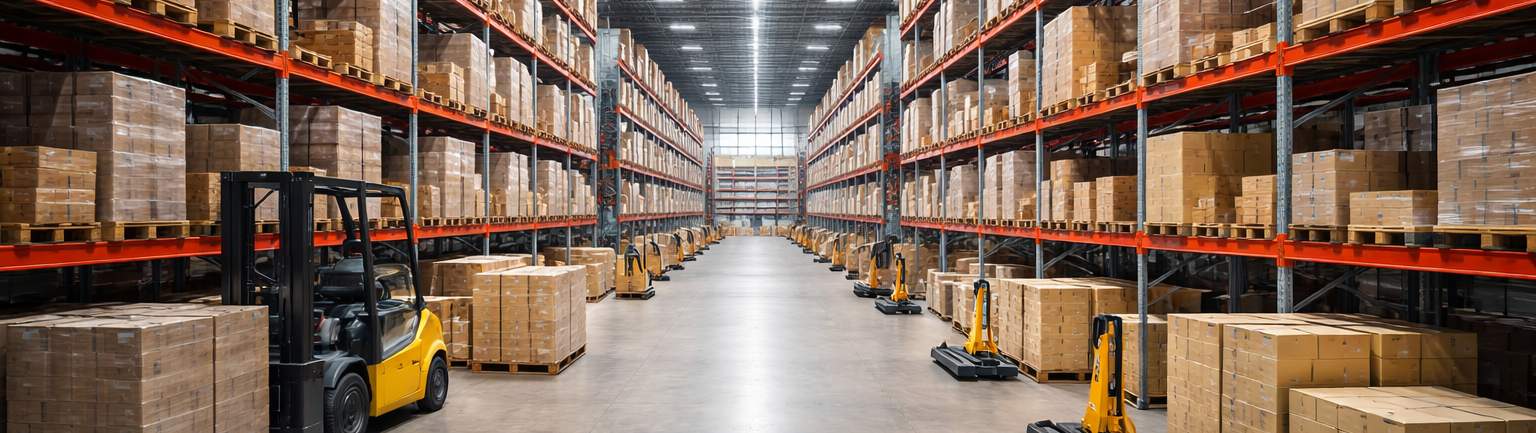 Industrial warehouse with storage racks and inventory